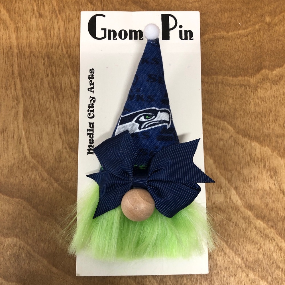 Seattle Seahawks Gnome Pin Brooch NFL Gift Guide Handmade Bow Magnetic Football